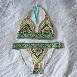 Victoria’s Secret bikini floral yellow green pink lucite buckle halter size Med